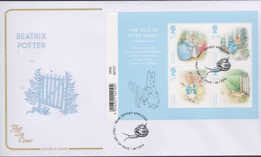 2016 - Beatrix Potter Minisheet COTSWOLD FDI First Day Cover, Near Sawrey, Ambleside Postmark
